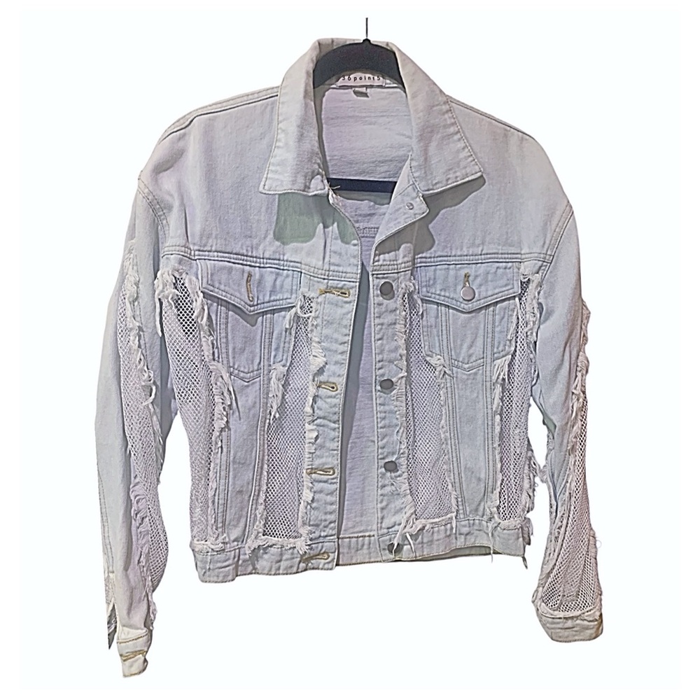 Flash Sale 32 POINT 5 Jacket Denim Blue Frayed Jacket Mesh Details Jacket Size L